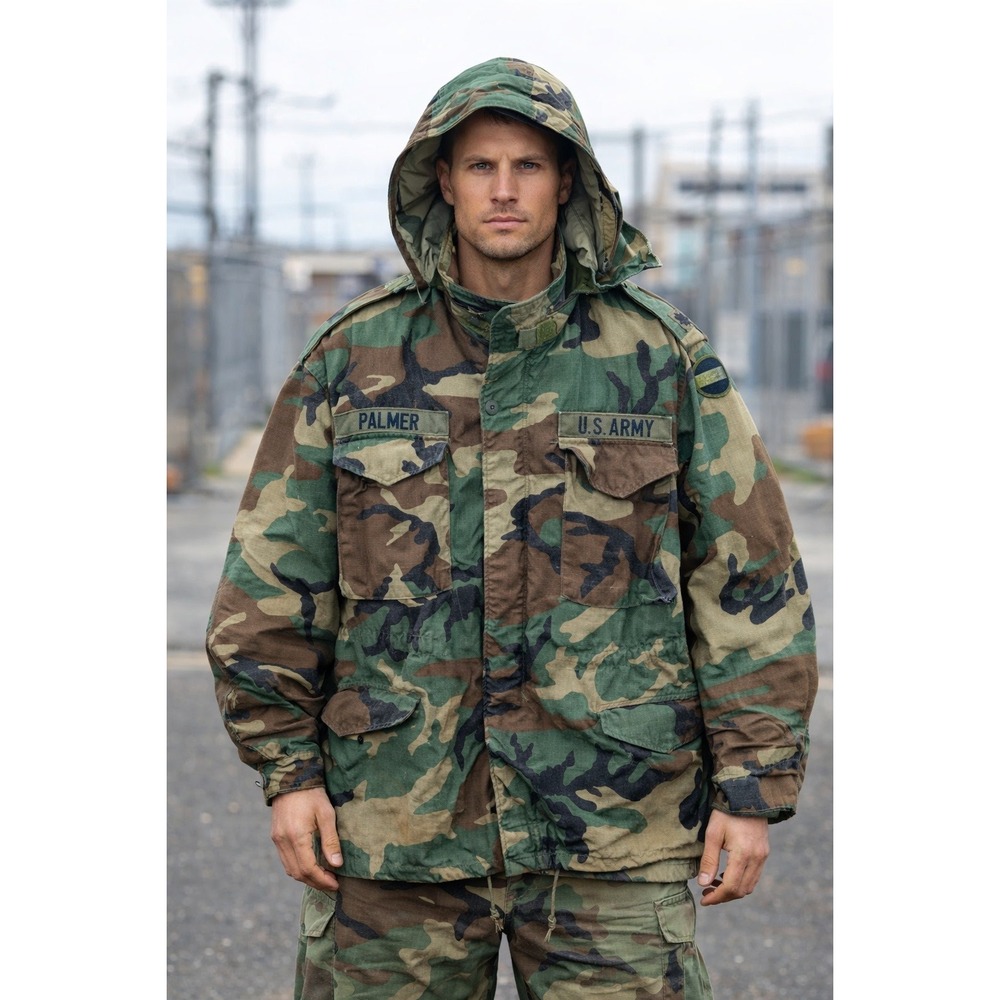 Vintage US ARMY BDU Military Hooded Jacket‎ Size M Regular Woodland Camo Combat